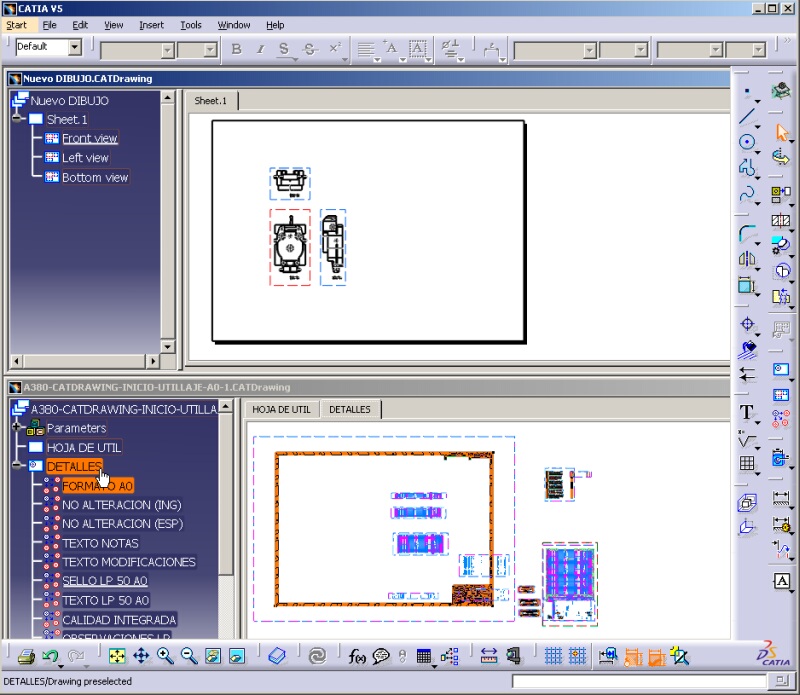 Imagen: Pantalla de catia v5 con dos ventanas